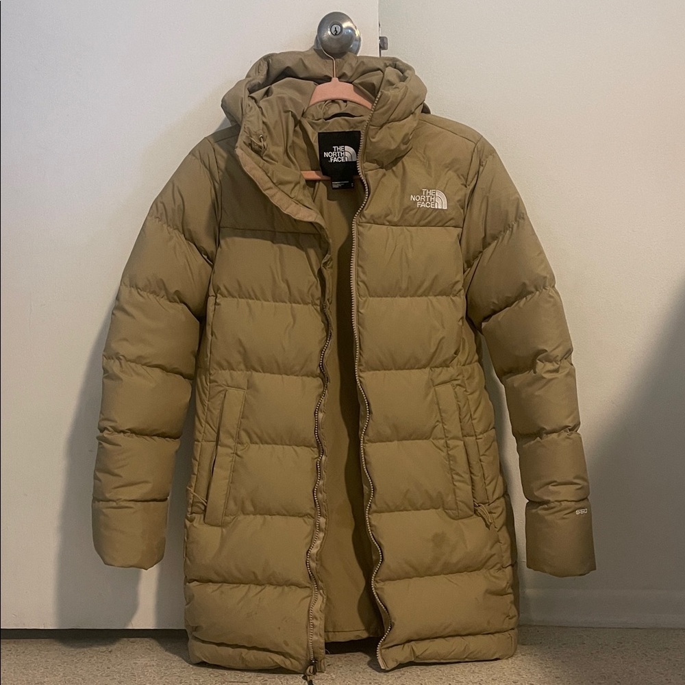 The Cozy North Face Khaki Hooded Puffer Coat